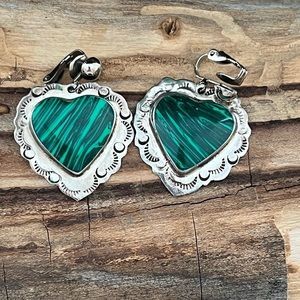 Vintage 925 Sterling Silver Malachite Clip On Heart Earrings
